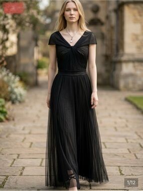 Tadashi shoji black pleated sheer maxi formal Dress size 4